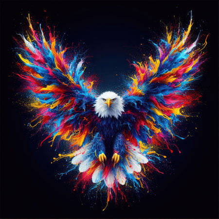 Eagle with colorful paint splashes isolated on black background. Vector illustration.の素材