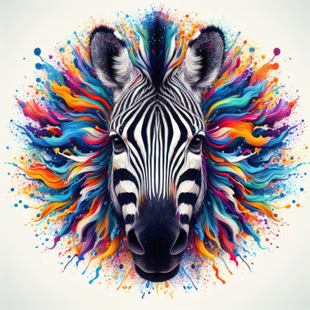 Zebra head with colorful paint splashes on white background. Vector illustration.の素材