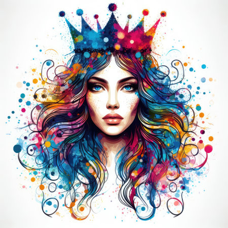 Beautiful girl with colorful hair and crown. Vector fashion illustration.の素材