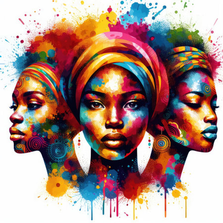 African women face with colorful splashes on white background. Vector illustration.の素材