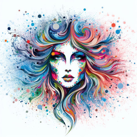 Face of beautiful woman with colorful hair. Psychedelic vector illustration.の素材