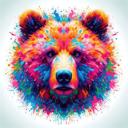 Colorful portrait of a bear with splashes of paint on a white backgroundの素材