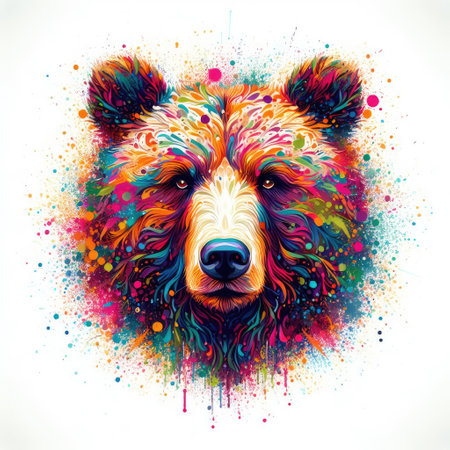Colorful portrait of a bear with colorful splashes on white backgroundの素材