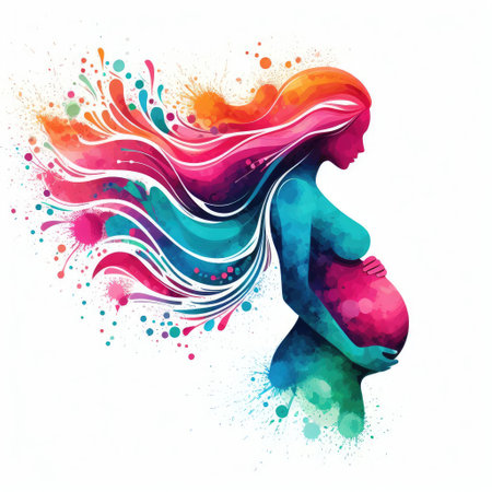 Pregnant woman with colorful paint splashes. Vector illustration.の素材