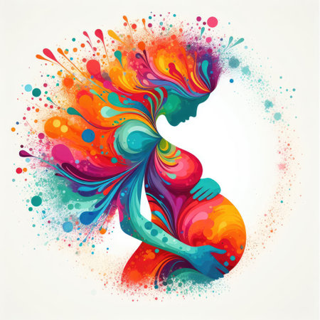 Pregnant woman with colorful paint splashes. Vector illustration.の素材