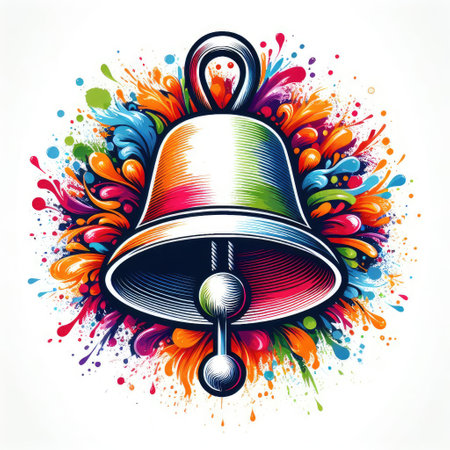 Vector illustration of handbell with colorful splashes on white background.の素材