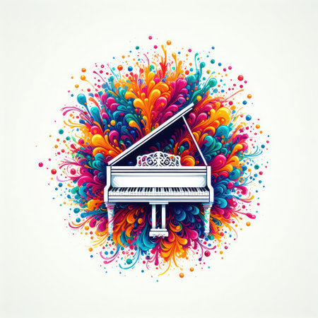 Piano and colorful paint splashes on white background. Vector illustration.の素材