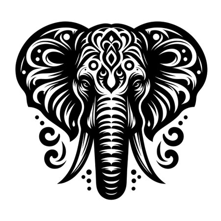Elephant head with floral ornament. Black and white vector illustration.のイラスト素材