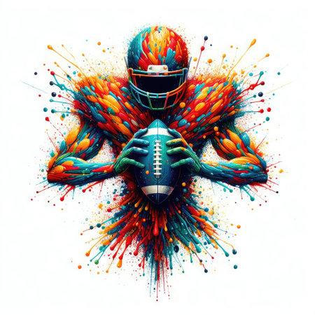 American football player with helmet and ball made of colorful splashes on white backgroundの素材