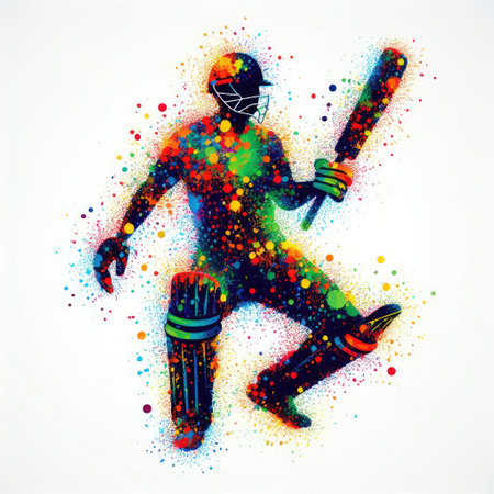 Cricket player with bats and ball. Colored splashes. Vector illustration.の素材