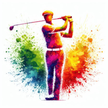 Golfer silhouette on a white background with colorful splashes.の素材