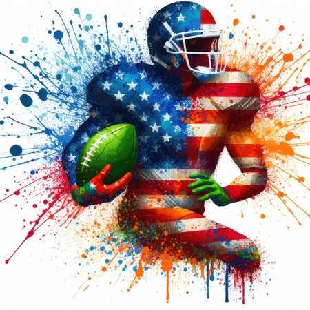 American football player with ball and american flag against splashes backgroundの素材