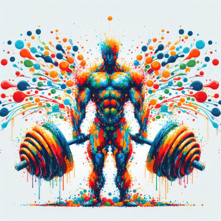 Fitness man with dumbbells. Colorful paint splashesの素材