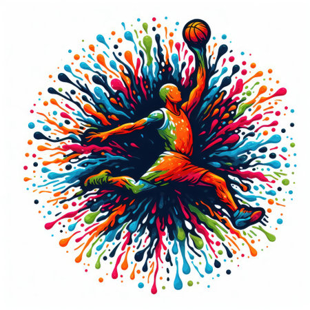 Basketball player. Basketball player with ball. Color splashes.の素材