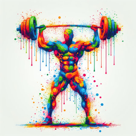 Bodybuilder with barbell and colorful paint splashes. Vector illustration.の素材