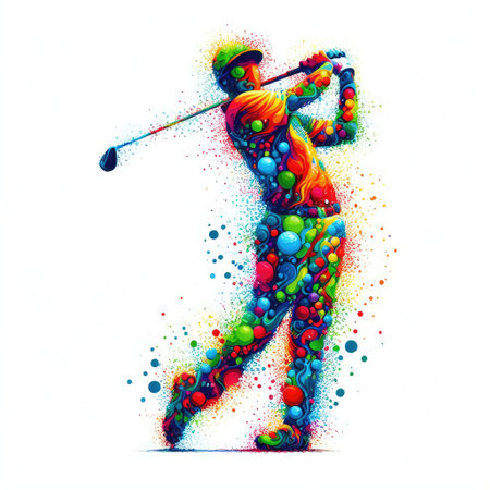 Golfer playing golf. Colorful splashes. Vector illustration.の素材