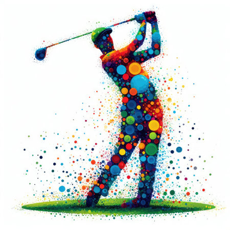 Golfer silhouette on a white background with colorful splashes.の素材