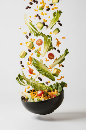 Vegetable salad in black bowl with flying ingredients on white backgroundの素材