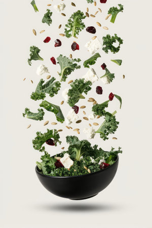 Falling kale salad with feta cheese, cranberry and almondsの素材