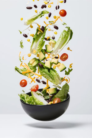 Fresh vegetable salad falling into a black bowl on a white background.の素材