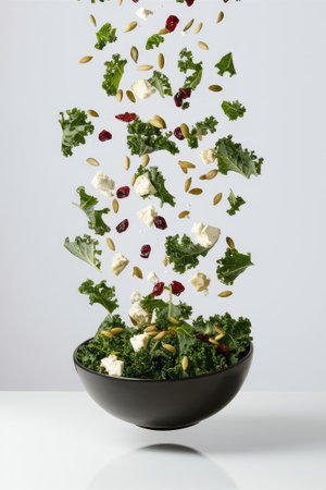 Mixed salad with feta cheese and dried cranberries in black bowl on white backgroundの素材