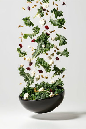 Kale salad with feta cheese and nuts on a white backgroundの素材