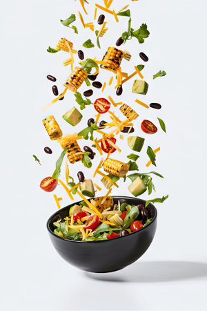 Fresh salad with corn and vegetables falling into black bowl on white backgroundの素材