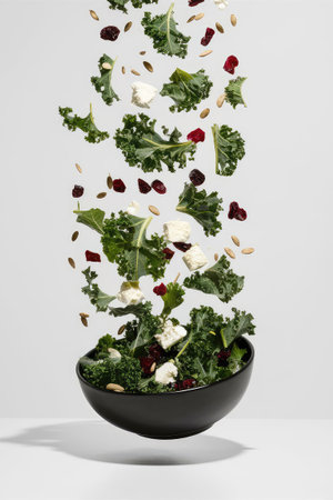 Fresh kale salad falling into black bowl on white background with copy spaceの素材