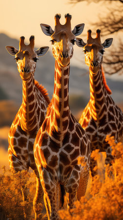 Three giraffes stand in the golden light.の素材