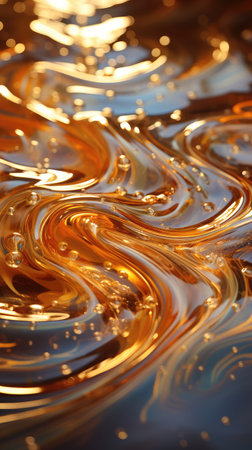 Golden liquid swirls abstractly.の素材
