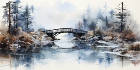 A wooden bridge over a calm river.の素材