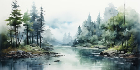 Watercolor painting of a forest riverの素材