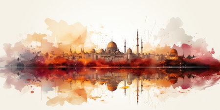 Watercolor cityscape with mosqueの素材