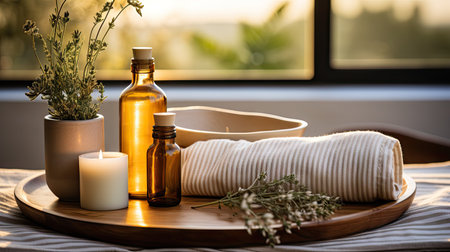 Spa essentials on a wooden trayの素材