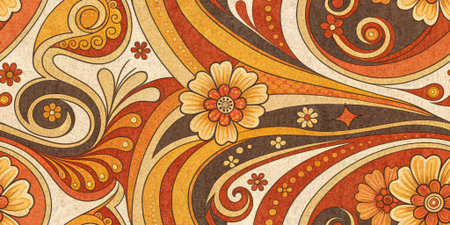 A groovy 70s style floral swirl pattern in orange, brown, and cream colors. Perfect for textile design and retro-inspired projects.の素材