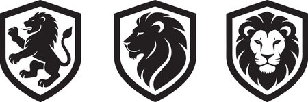 Lion heraldic shield set featuring three variations of noble feline emblem art. Royal symbol illustration for coat of arms design. Regal creatures sign collection. Feline mammal predator animal symbol.のイラスト素材