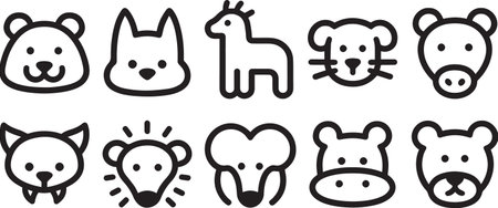 Animal face outline icon featuring vector design. Cartoon animals head represented as line drawings. Set in cute style, perfect for childrens designs and playful themes. Various animal faces like bear, cat, horse, etc.のイラスト素材