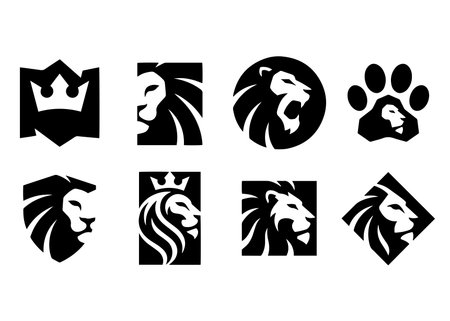Set of black and white lion heads in different styles. Vector illustrations of abstract  emblems...