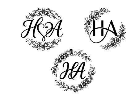 Set of hand drawn floral monograms with lettering. Vector illustration.のイラスト素材