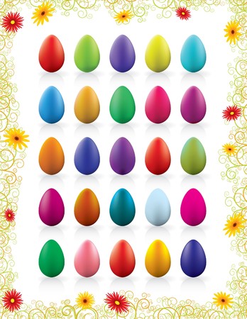 twenty-five colorful Easter eggs with beautiful floral frameのイラスト素材