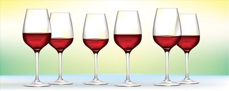 six red wine glasses on soft green to yellow background.のイラスト素材