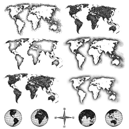 World map design elements. Pixels, lines, doodle & halftone. Four views of the sketch globe and compass available also.のイラスト素材