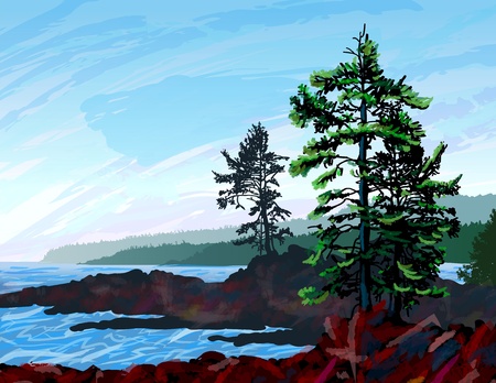 Beautifull digital painting depicting a scene from the rugged west coast of Vancouver Island BC.のイラスト素材