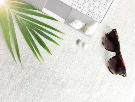 Laptop on holiday with shells and palm treeの写真素材