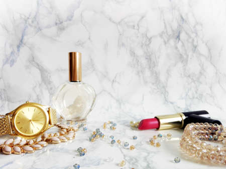 Jewelry on the marble tableの写真素材