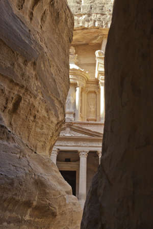 View of the tresury facade of Petra from the canyon  siq の写真素材