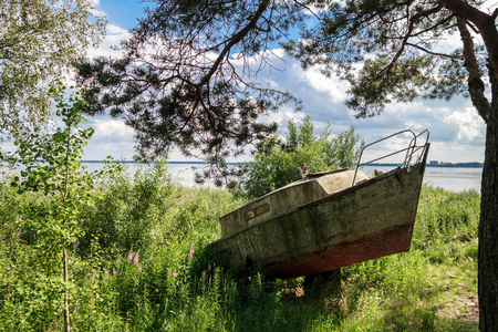 Old fishing boat on the land in tall grass painted in red and greyの写真素材