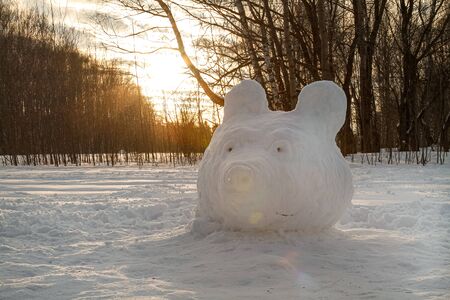 A snow figure in the shape of a bear s head, made by a man. Against the backdrop of a snowy field at sunsetの写真素材