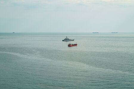 Novorossiysk, RUSSIA - June 26, 2016: Small anti-submarine ship Lviv and tanker GAZPROMNEFT ZUID...