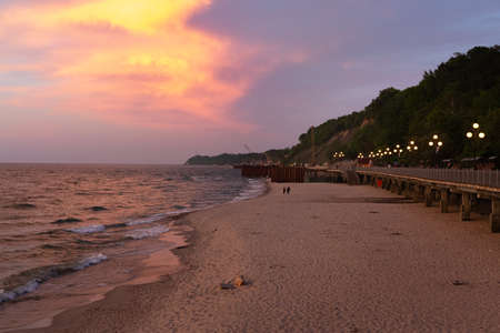 Svetlogorsk, Kaliningrad region - May 16, 2018: Svetlogorsk is a resort city. City embankment. Coastline. Baltic Sea coast at sunsetのeditorial素材